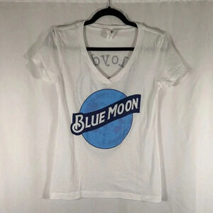 Blue Moon Shirt Women's Medium White Vneck Graphic Print Short Sleeve Ideal T